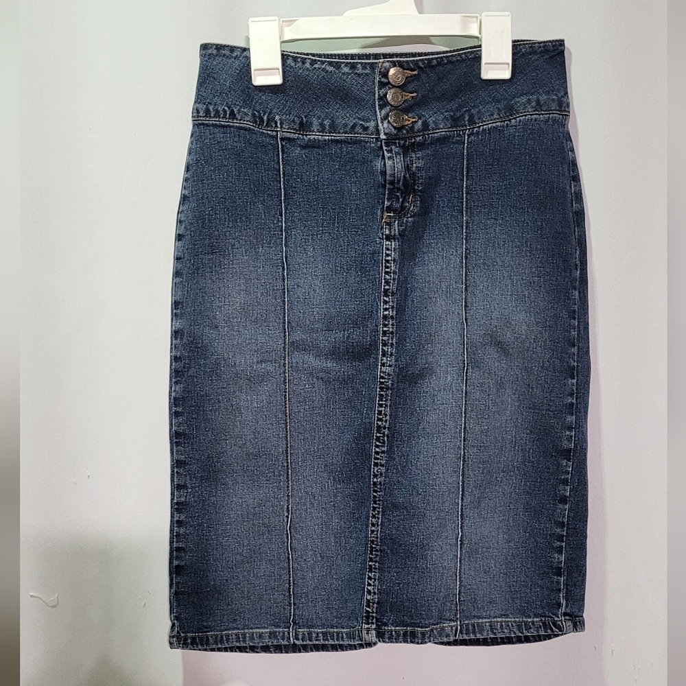 Paris Blue Juniors Medium Wash High Waisted Knee Length Denim Skirt Size 5 🐈 - Picture 4 of 10